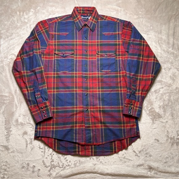 Wrangler Other - Vtg Wrangler Pearl Snap Shirt Mens 15.5 34 Plaid Western Cowboy Rodeo Workwear